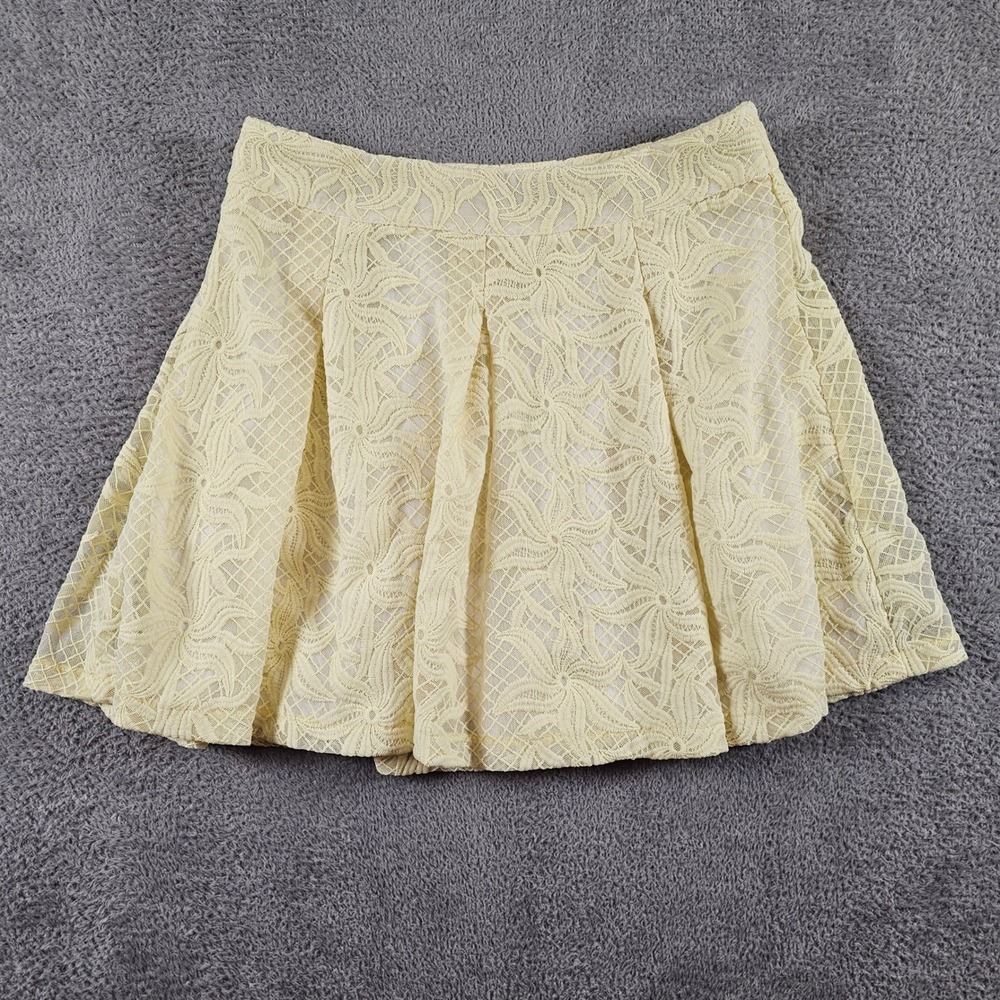 Mint Pale Yellow Floral Lace Pleated Mini Skirt Side Zip Lined Pastel Summer